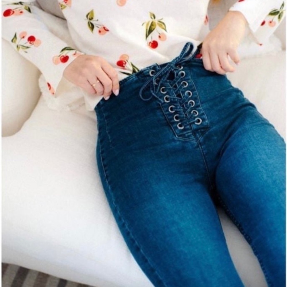 Free People Sz 26 High Waisted Lace Up Skinny Jeans